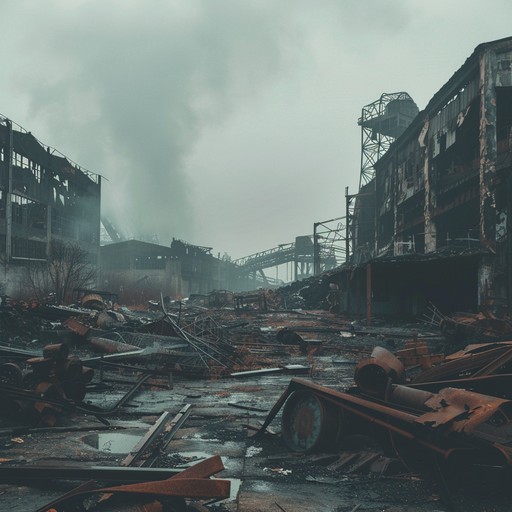 This track combines heavy, distorted guitars with industrial beats and mechanical noises, creating a brooding atmosphere reminiscent of a dystopian future. The soundscape is dark and desolate, intensified by mournful synths that add an additional layer of unease and decay.