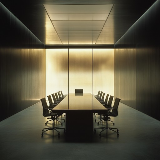 Imagine a corporate meeting in a cold, dimly lit boardroom where dark secrets lie hidden behind polished facades. The music is hauntingly ethereal, blending subtle electronic beats with eerie atmospheric layers, invoking a sense of unease and suspicion, making each listener aware of the creeping unknown.