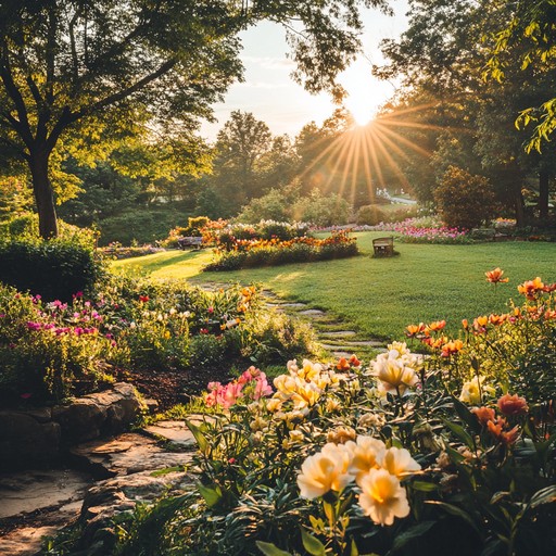 A lively composition capturing vibrant scenes of a blooming garden with classical strings interwoven, evoking the splendor and freshness of a sunlit day