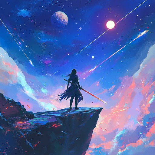 An exhilarating orchestral piece that evokes the grandeur of interstellar battles, blending soaring strings and powerful taiko drums to create a sense of heroism and adventure reminiscent of thrilling anime soundtracks.