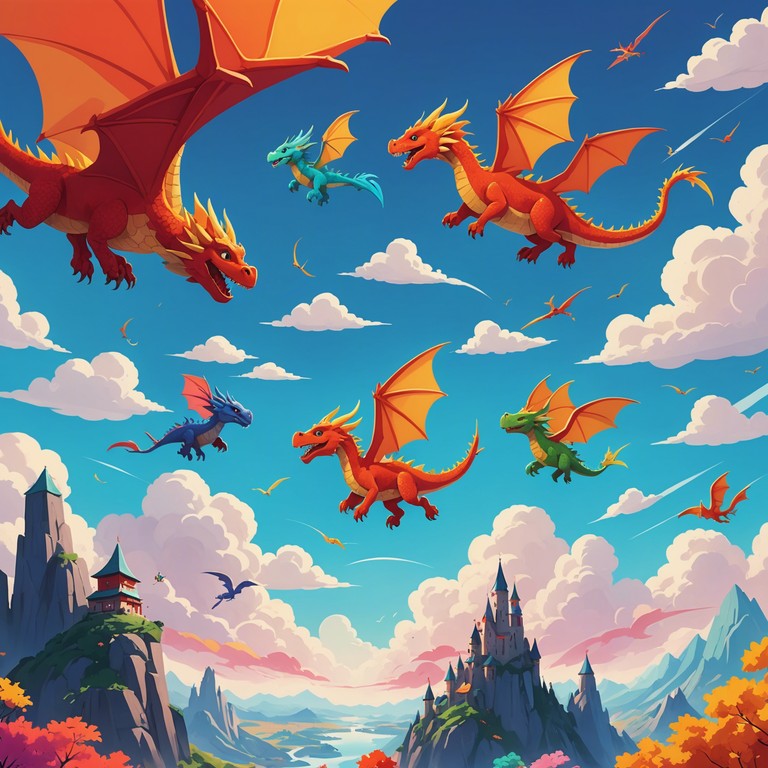 Drawing from the idea of flying dragons under a serene sky, this music stimulates excitement and creativity among kids, perfect for any children focused content that encourages active participation and imaginative play.