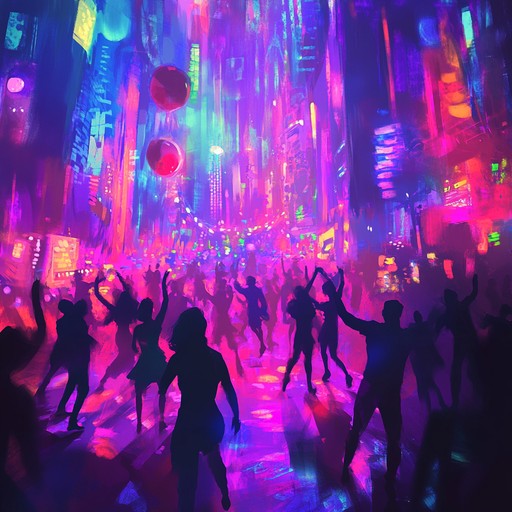 An electrifying and colorful vibe reminiscent of tokyo's shibuya district filled with catchy synths, infectious rhythms, and a party atmosphere