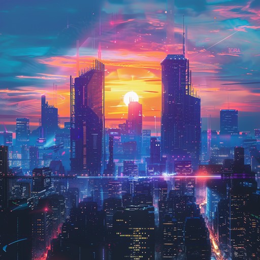 Epic electronic soundscapes filled with heroic synths and driving beats, representing a triumphant journey through a neon lit futuristic cityscape, evoking feelings of victory and discovery.