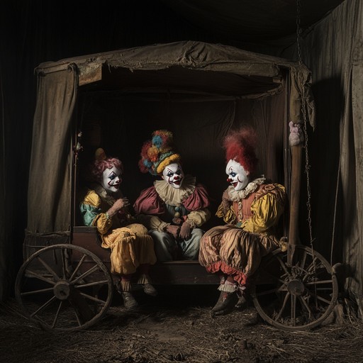 Imagine a scene where colorful clowns huddle, their expressions serious but their outfits outrageous, planning their pranks with a humorous intensity only they can muster, all expressed in a series of sprightly accordion melodies.