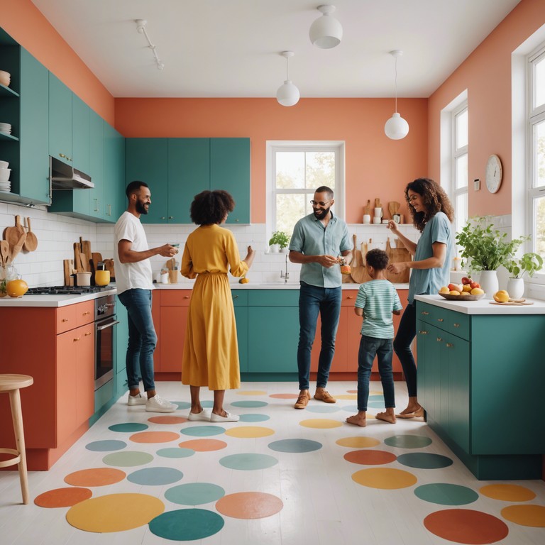 Imagine a bustling kitchen scene as a wonderful breakfast is prepared with joy and a bit of cheeky chaos. The banjo plucks away a joyful tune, drawing pictures of pancakes flipping and coffee brewing with every note, capturing the hectic yet cheerful morning routine.