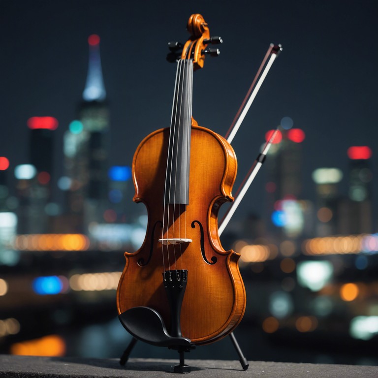 A sonic journey through a bustling city at night, empowered by uplifting beats and the enchanting sounds of an electric violin, capturing the heart pounding joy of a spontaneous urban adventure.