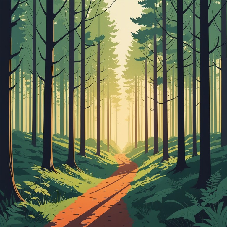 This alternative version maintains the tranquil essence of the original, but with a slightly brighter tone, simulating the morning light filtering through treetops and casting a warm, golden glow over a serene woodland scene.