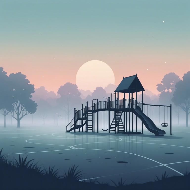 Imagine a foggy playground at dusk, the distant laughter of children fading into a surreal, eerie atmosphere. Slow, melodic tunes play on a solitary music box, creating a chill yet strangely nostalgic feeling, merging innocence with the uncanny.