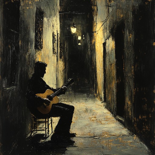 Deep within the night's embrace, the spanish guitar's intense strumming invites forbidden lovers to a shadowy dance. The fervent rhythms and haunting melodies depict a tale of obsession and secrecy, capturing the essence of a passionate, dark romance concealed from the world.