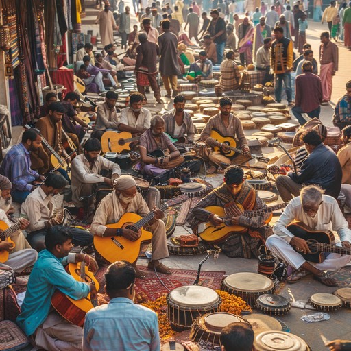 Experience a lively journey as rock guitar riffs intertwine with traditional indian ragas and dynamic tabla beats, creating an energetic and vibrant fusion of cultures.