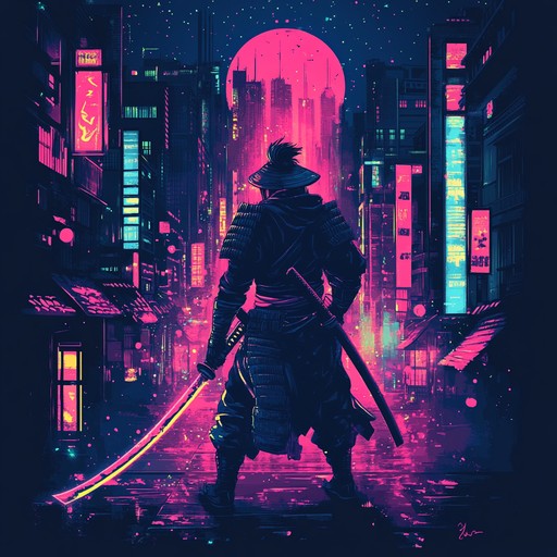 A thrilling, high paced anime instrumental featuring shredding electric guitar riffs, powerful synth melodies, and dynamic drum patterns that evoke the intensity of a samurai showdown set in a futuristic world.