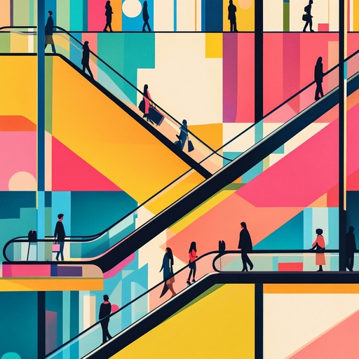 The piece captures the dynamic flux of a bustling modern mall, emulating the rise and fall of escalators amongst bright displays and colorful shops with a continuous, flowing melody that drifts and swells with a sense of wonder and discovery.