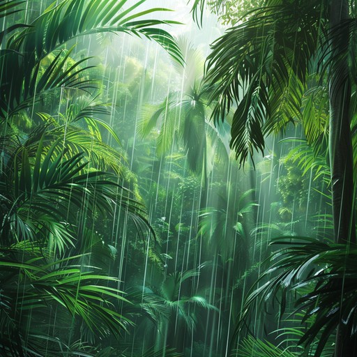 The tranquility of a rainforest captured through gentle guitar melodies, punctuated by rhythmic, hard percussive beats that emulate the drops of a tropical rain.