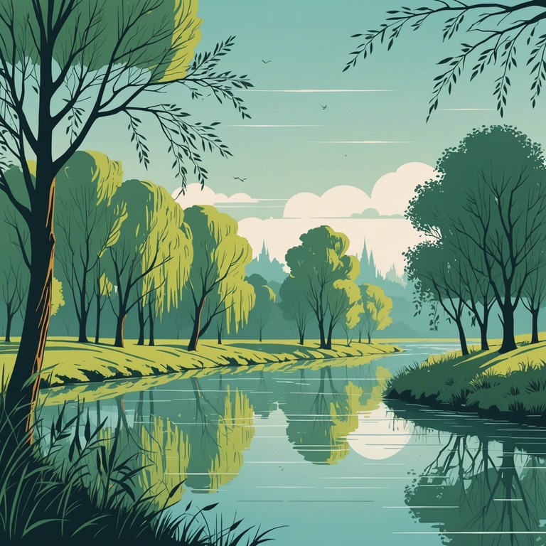 A soft, flowing melody, reminiscent of a gentle breeze whispering through willow branches on a tranquil riverside. Delicate plucking of the strings evokes the serene, lush landscape of a quietly flowing river, enhancing the track's calming aura.