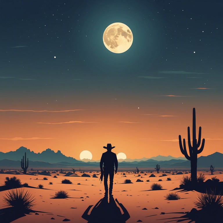 A chilling instrumental track that evokes the eerie stillness and suspense of a deserted, moonlit western landscape. The music combines traditional western instruments with dark, brooding elements to create a sense of looming danger and mysterious intrigue.