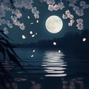 gliding across moonlit sky, cherry blossoms in gentle drift