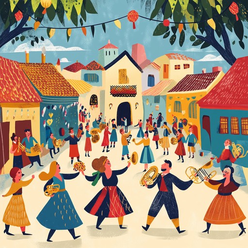 A cheerful instrumental piece that captures the spirit of balkan festivities through vibrant brass melodies and rhythmic percussion, evoking images of joyful dancing in village squares.