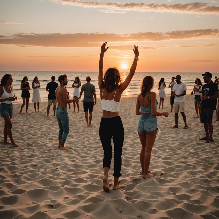 Imagine dancing on a beach surrounded by palm trees, the sky painted in shades of gold and orange, while energetic salsa music fills the air, inviting everyone to move with joy and abandon.