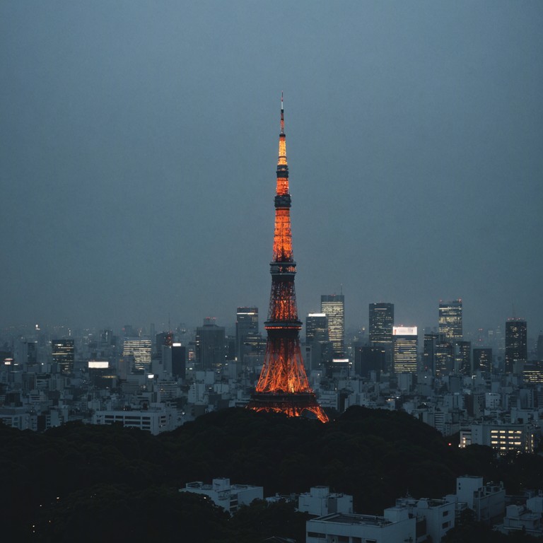 A modern j pop instrumental track where somber tones capture the complex emotions of life in contemporary tokyo, blending traditional japanese instruments with urban soundscapes to reflect the poignant beauty of fleeting moments in a bustling city.