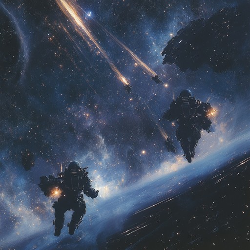 A majestic orchestral composition featuring commanding brass, lush strings, and dramatic percussion. The track captures the heroics and grandeur of battles fought among the stars, evoking images of space faring warriors and interstellar conflicts. With dynamic transitions from intense action to peaceful resolution, the listener experiences an epic narrative through music.