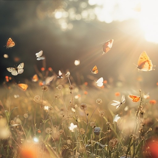 This composition captures the essence of a sunlit morning walk through a serene meadow. The piece builds with a light, uplifting orchestral arrangement featuring strings, woodwinds, and gentle brass providing a backdrop to the listener's adventure. It evokes images of fluttering butterflies, gentle breezes, and a landscape bathed in golden sunshine. The tempo is steady and reflective, creating a peaceful and carefree atmosphere.