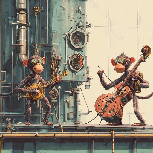 An instrumental piece combining clockwork like rhythms, unexpected percussive elements, and playful melodies to create a whimsical and humorous atmosphere reminiscent of mischievous monkeys causing mayhem in a mechanical world.