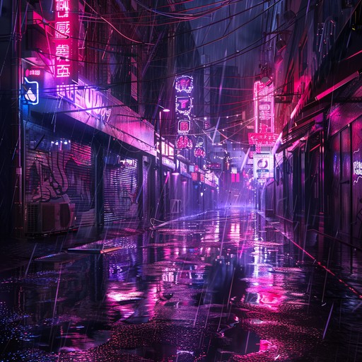 This track is a rich tapestry of sound, simulating the ambiance of a futuristic city caught under a torrential neon rain. The composition merges the pulse of electro beats with layered synthetic textures, embodying the solitude and vibrancy of urban life.