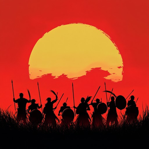 Strong, pulsating drum beats evoking warriors preparing for war. Each rhythm mirrors the vigor and intensity of ancient battles, mixing traditional techniques with raw, untamed energy.