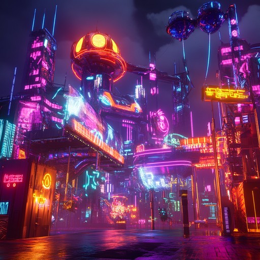 An exhilarating cyberpunk adventure set in a neon soaked futuristic city. This track features upbeat synth leads, energetic electronic beats, and playful glitches, creating a whimsical atmosphere perfect for an urban playground.