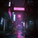 sinister chasing vibes in a neon drenched cyberpunk cityscape