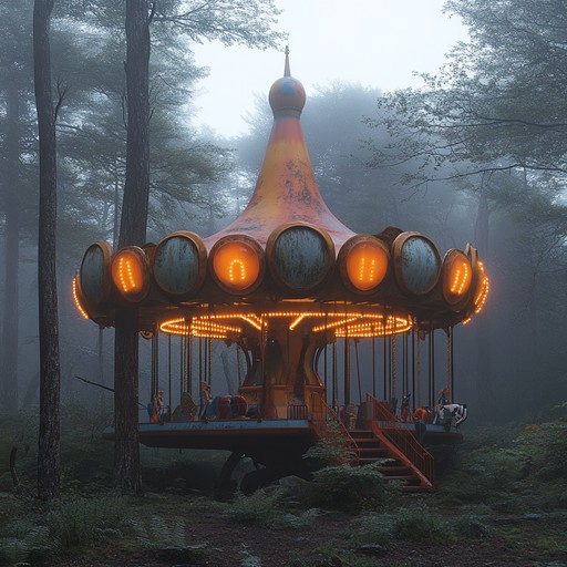 Explore an ethereal carnival visited by alien entities, blending cosmic and familiar.