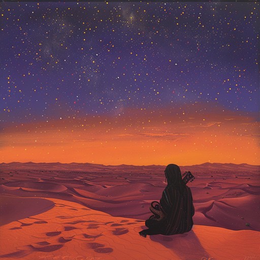 An instrumental track with subtle and ethereal orchestration, evoking the feelings of a vast, melancholic desert. The piece seamlessly intertwines elements of traditional middle eastern music with modern sadcore aesthetics, creating a hypnotic and deeply affecting sonic experience. Gentle oud strings, ambient synths, and sparse percussion paint a vivid and emotional landscape of solitude and reflection