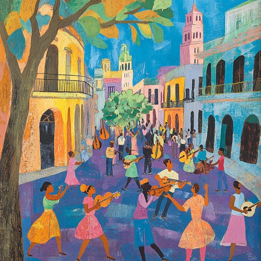 A vibrant and uplifting instrumental piece blending traditional afro cuban percussion with cheerful melodies, evoking the spirit of a tropical street festival.