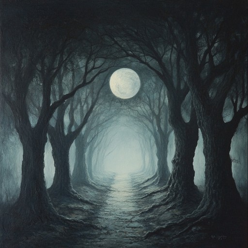 An instrumental track featuring somber acoustic guitar and subtle atmospheric elements, painting a melancholic soundscape that captures the feeling of wandering alone through shadowy, ancient woods under a pale moon