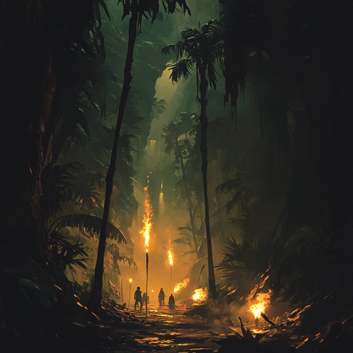 A spine chilling fusion of tribal percussion and eerie electronic textures, creating a foreboding atmosphere. Picture a dense jungle where ancient rituals and modern technology intertwine, invoking suspense and awe