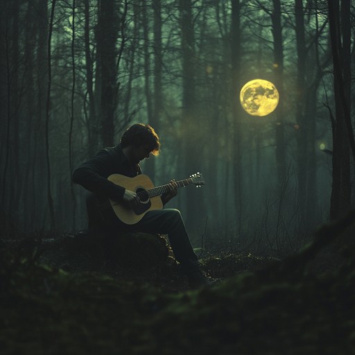 A serenade evoking the enchanting, magical essence of a moonlit forest, with delicate acoustic guitar and the serene sounds of nature, capturing the troubadour essence