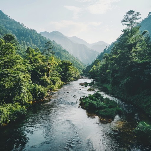 A tranquil fusion piece that brings together the delicate sounds of traditional asian bamboo flutes and calming electronic pads, evoking the serene flow of a mountain river. The gentle melodies and subtle harmonies create a peaceful, reflective atmosphere perfect for relaxation and meditation.