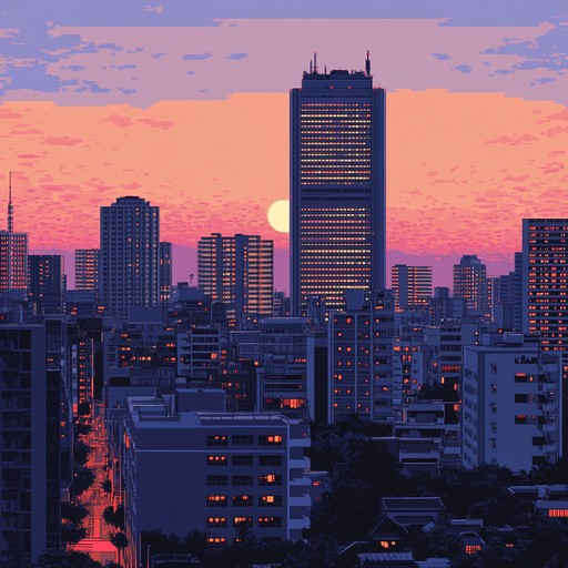 A fusion of traditional japanese instruments with futuristic synthesizer sounds creates a vivid soundscape of a neon lit cyberpunk tokyo. The track blends the tranquility of dusk with the vibrant life of an advanced, bustling metropolis framed in futuristic tones.