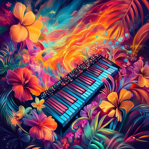 An instrumental piece merging futuristic synthesizer sounds with vibrant latin jazz rhythms, taking listeners on a dynamic journey through a digital tropical landscape.