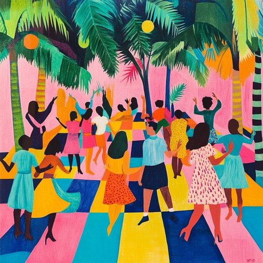 Dive into the effervescent world of salsa with pulsating trumpets leading joyous dance rhythms, creating an atmosphere of beachside celebrations and endless summer nights