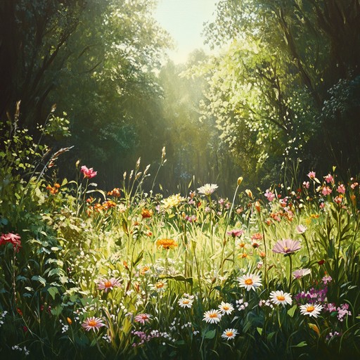 An uplifting orchestral overture that paints a picture of a bright, cheerful meadow filled with sunlight. The composition features a harmonious blend of strings, woodwinds, and brass, creating a rich tapestry of sound. The music is characterized by its light, playful melodies and dynamic crescendos, evoking a sense of joy and enchantment. The arrangement is elaborate and immersive, designed to captivate and transport listeners to a serene, joyful world.