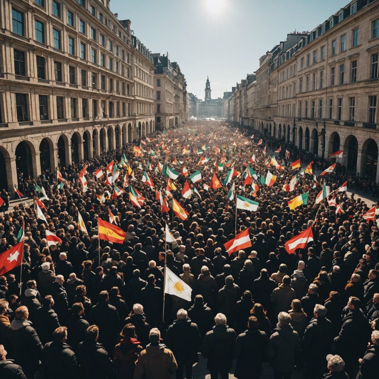 An instrumental track that merges the euphoric vibes of a national celebration with the deep, resonant sounds of a brass band. This piece is designed to evoke feelings of pride and unity during a national holiday parade, filled with vibrant flags and cheerful crowds.