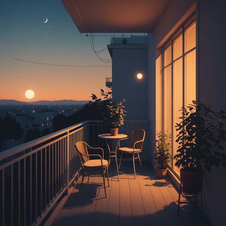 A gentle tune plays as a couple slow dances on a secluded balcony, their silhouettes cast by moonlight, creating a scene of perfect peace and romance.