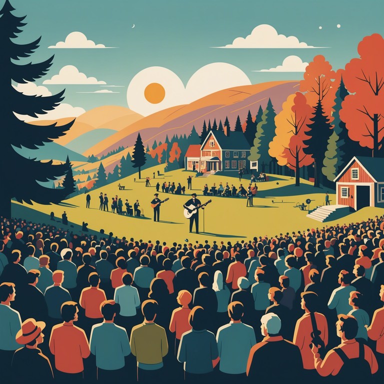 An instrumental bluegrass piece evoking the joyous vibe of a sunny, bustling hillside, characterized by a fast paced, uplifting banjo melody, embodying rural charm and a heartwarming festive atmosphere.