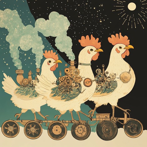 A spirited instrumental novelty song combining steampunk inspired melodies with whimsical chicken clucks, creating a playful and lively parade atmosphere that brings smiles and laughter.