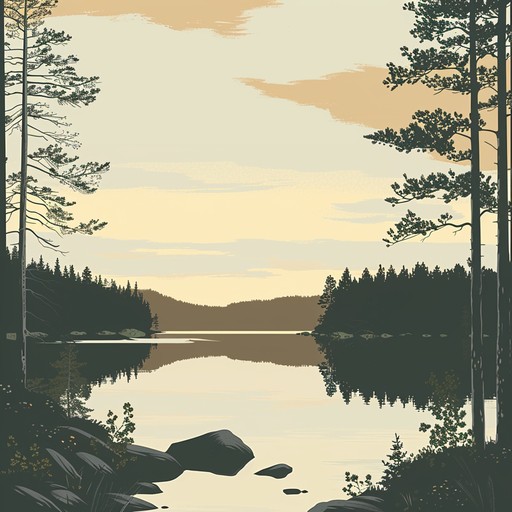 Evoking the tranquil beauty of a finnish lake during a serene summer day, featuring calm and gentle suomipop melodies with a focus on natural beauty and peacefulness.