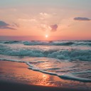 relax under glowing sunset sky, gentle waves washing ashore