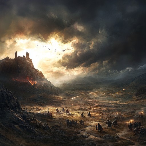 This track embodies the raw and thumping heartbeat of a fierce ancient battle, where the electric guitar mirrors the aggressive encounters of warriors engaged in a fight for their lives. The music swells with intensity, depicting the ancient landscape and the emotional surge of combat.