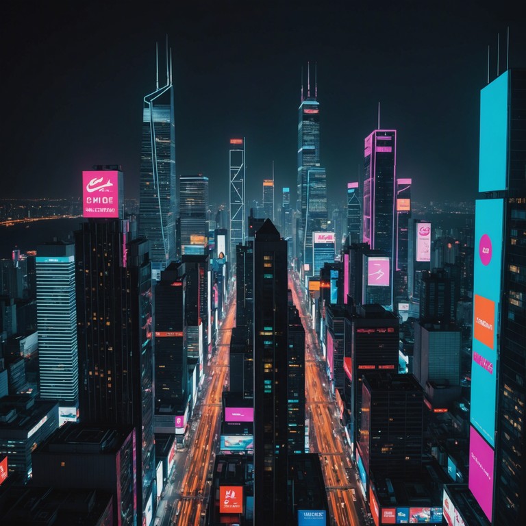 Imagine a bustling future metropolis where digital landscapes fuse with retro funky beats, creating a fusion of new and old, where neon lights and holographic advertisements are a backdrop to the city's nocturnal life. Futuristic synths lay down a groove that's both inviting and mysterious, bringing a feeling of nostalgic innovation