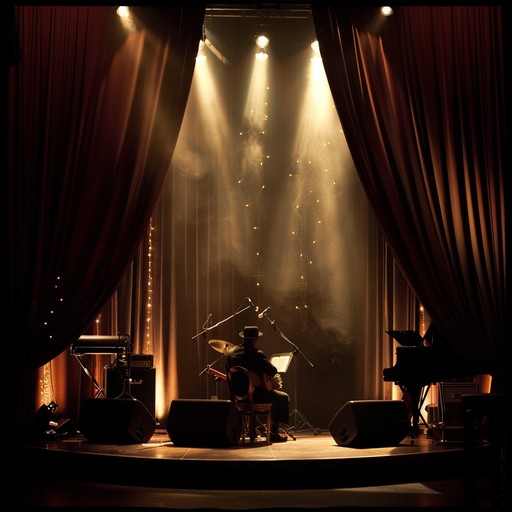 A refined instrumental cabaret piece featuring smooth melodies and jazzy undertones, perfect for a classy evening ambiance. The music evokes images of velvet draped stages, dimly lit rooms, and soft conversations over cocktails. Smooth jazz guitar leads the tune, accompanied by soft piano and subtle brushes on the drums.